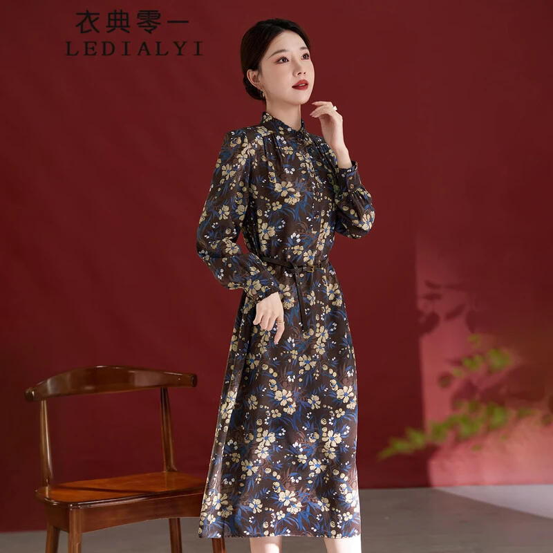 轻奢大牌真丝双绉印花连衣裙女木耳边领气质减龄妈妈显瘦桑蚕丝秋
