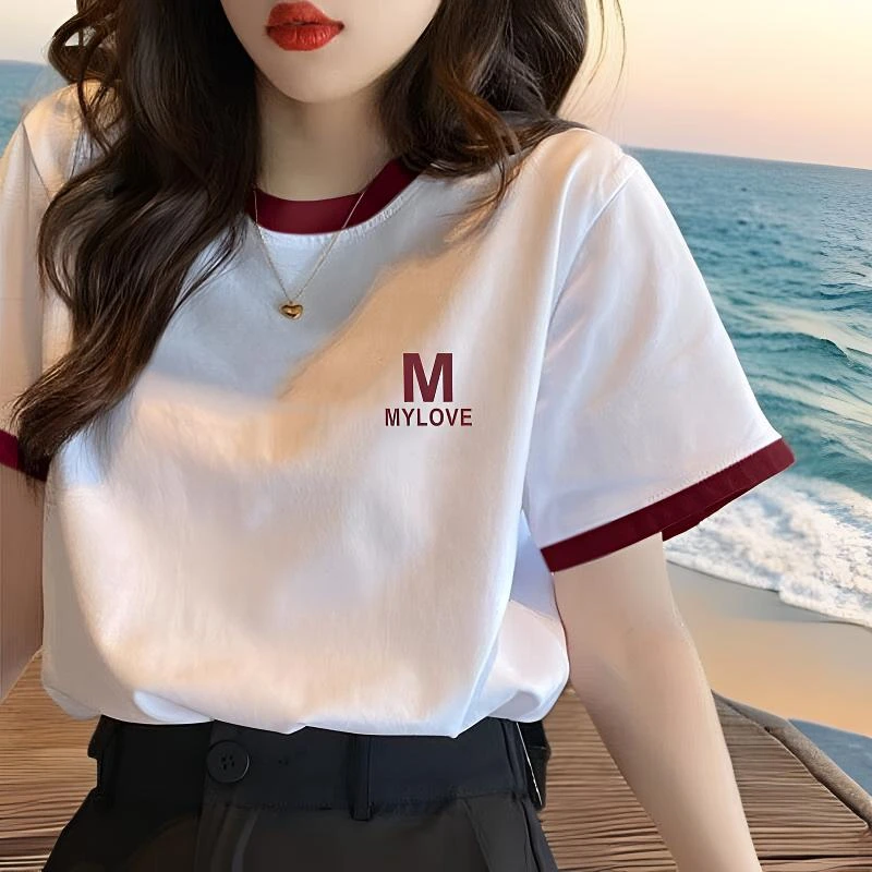 纯棉t恤女拼色体恤衫宽松韩版新款显瘦印花插肩袖遮肚短袖上衣潮