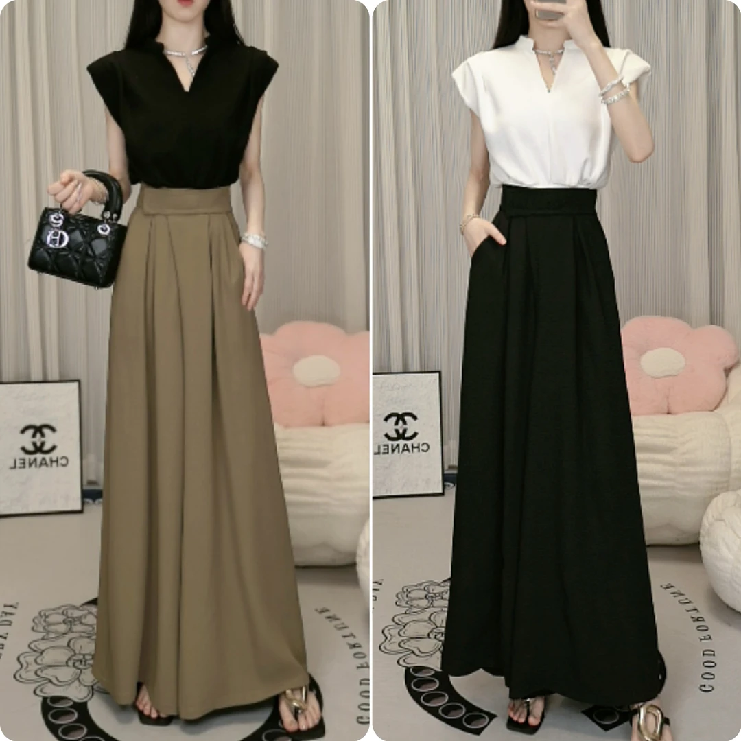 2025夏季新款御姐风气质百搭收腰上衣魔术贴高腰阔腿裤裙裤套装