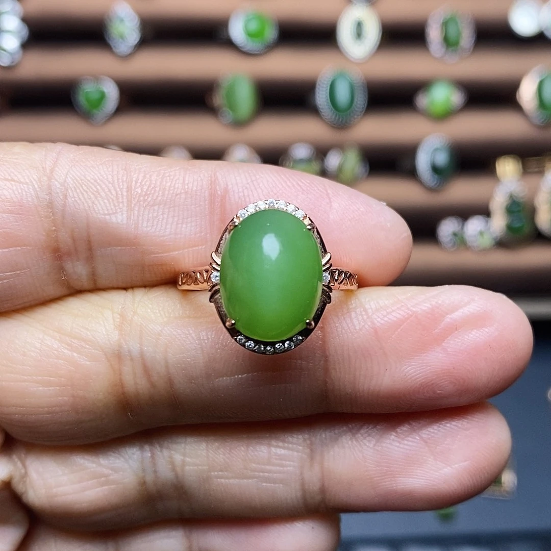 吊坠(不含链)银S925镶嵌和田玉（碧玉）戒指