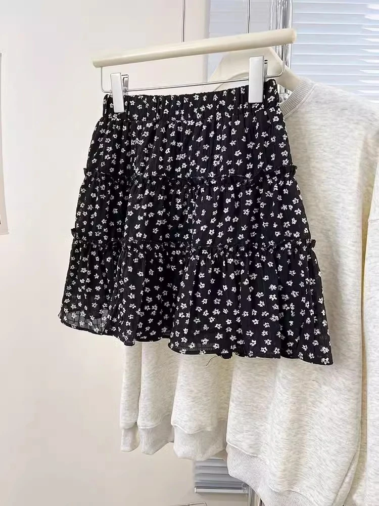 法式少女黑色碎花蛋糕半身裙小个子遮肉显瘦防走光蓬蓬裙a字短裙