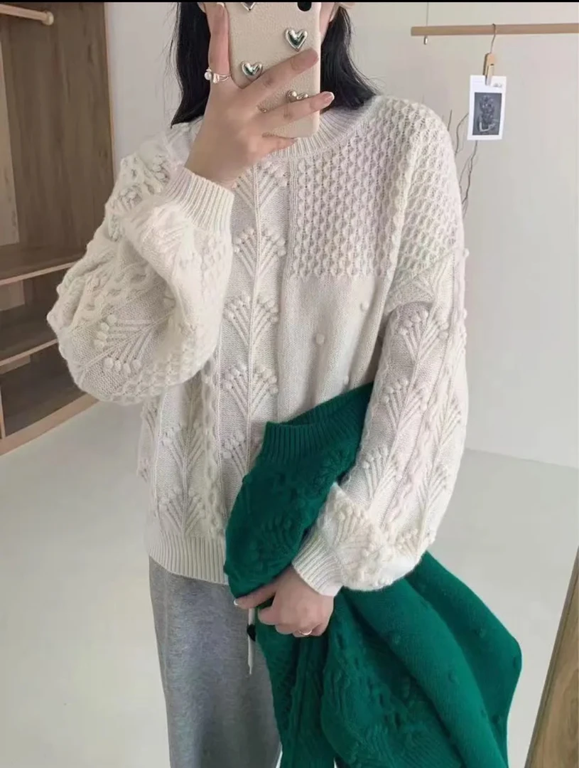 给足温暖！温柔米杏色针织衫女冬季宽松慵懒风毛衣9755