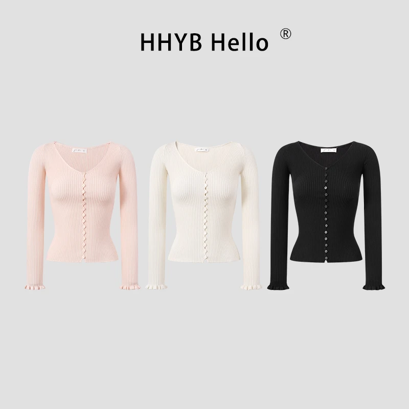 HHYB Hello大V领长袖内搭打底针织衫女秋2025新款修身上衣M1391