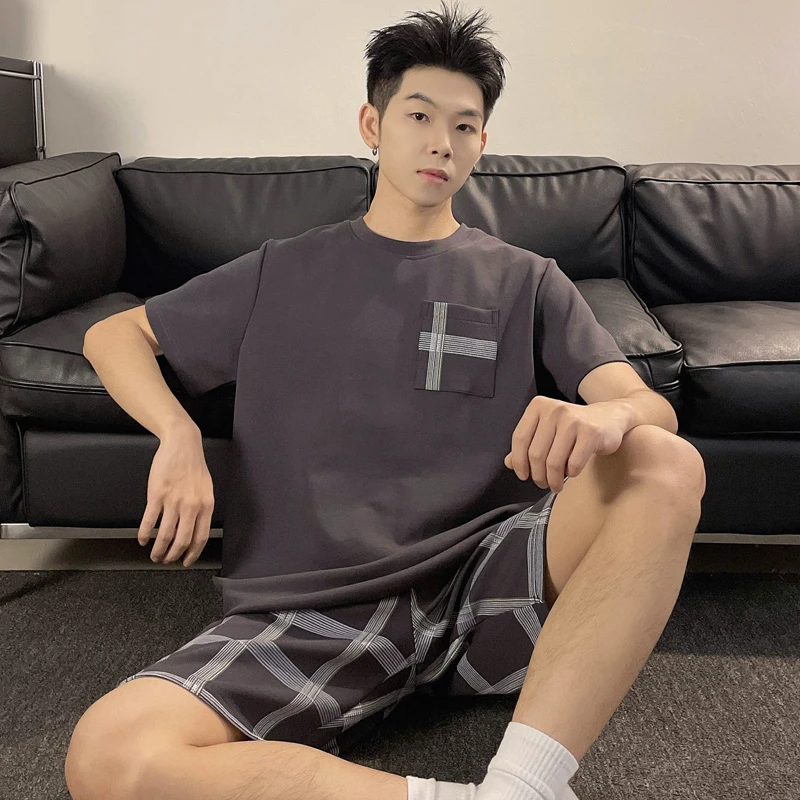 夏季男士短袖格子睡衣套装大码夏天家居服韩版可外穿休闲运动薄款