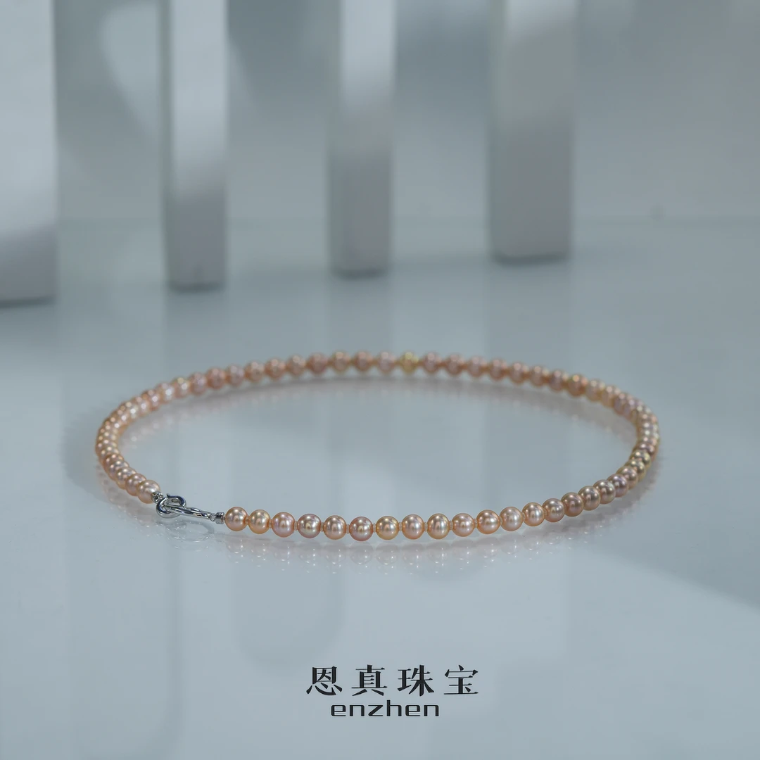 【火烧云】无核淡水珍珠s925银环环相扣满串项链锁骨链（6-6.5mm）