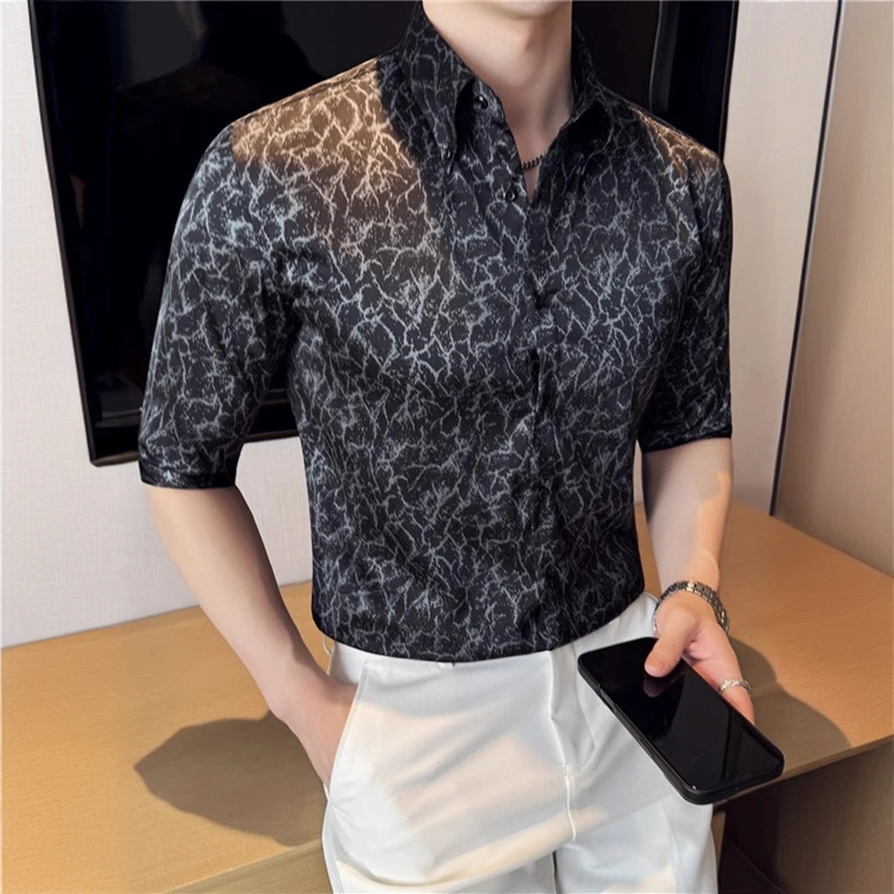 莱蒙璀高级感烫钻男士花衬衫中袖时尚印花夏季薄款修身五分袖衬衣