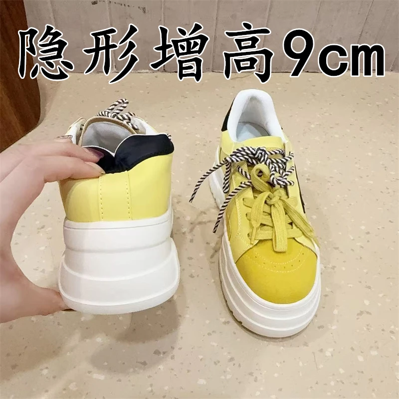 牛皮版~黄色德训鞋女2025新款秋季小个子厚底内增高运动松糕板鞋