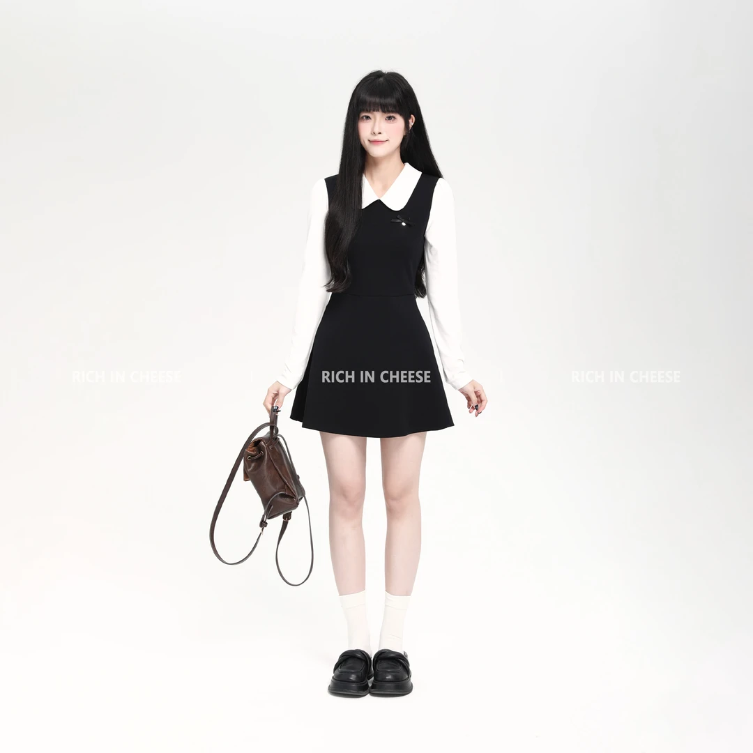 【清清】RICHINCHEESE 花宴少女 秋冬假两件黑白撞色针织收腰连衣裙