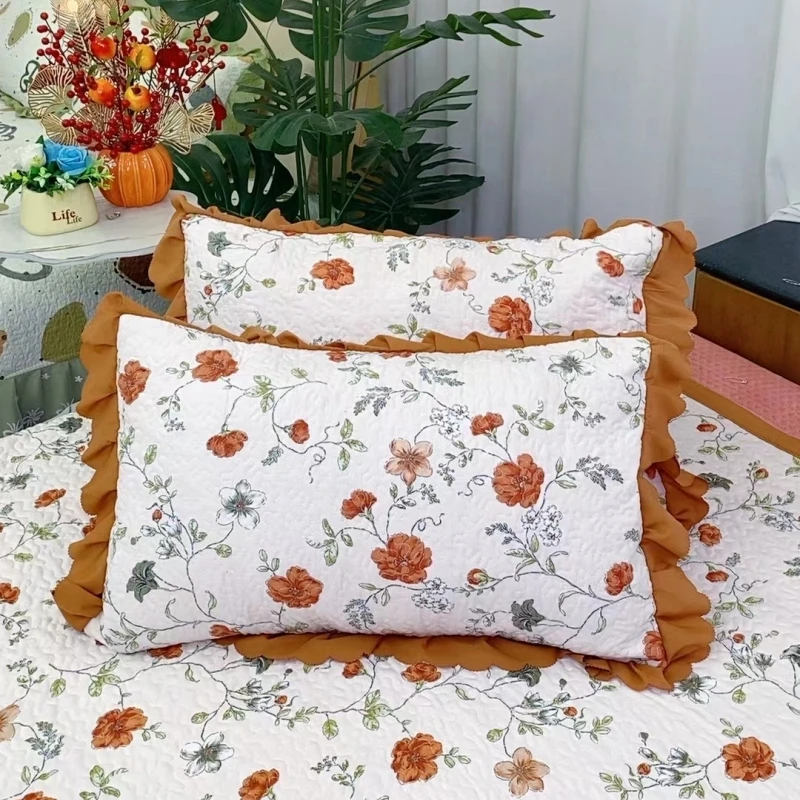 H《花边枕套》泡泡 棉荷叶花边绗绣枕套一对装《夕颜》