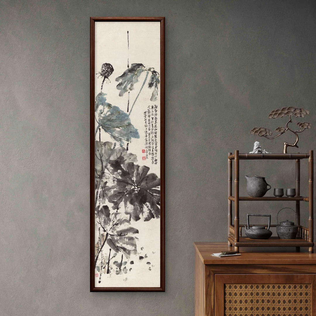 9980-40*150藕叶图中式装饰画实木框玄关书房茶室客厅挂画