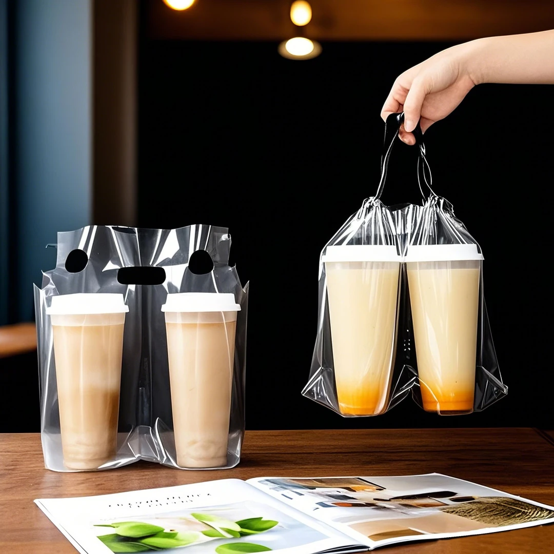 奶茶打包袋单杯一次性袋子饮料外卖柠檬茶咖啡手提袋高透双杯袋