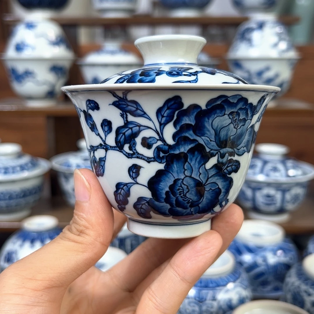 T***～花卉石榴花盖碗青花