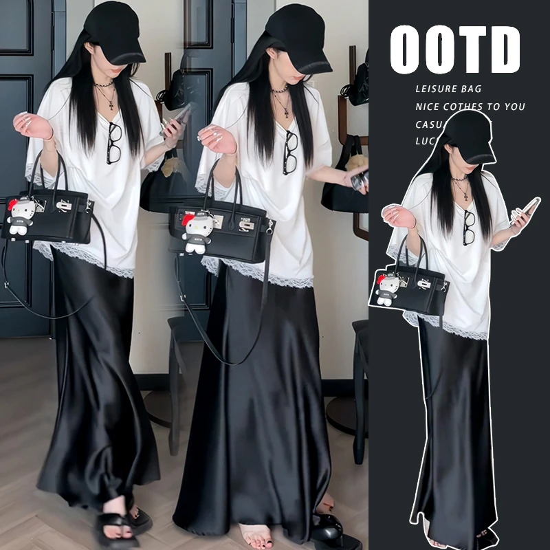 夏季新款孕妇套装时尚韩版宽松蕾丝拼接短袖上衣显瘦鱼尾半身裙子