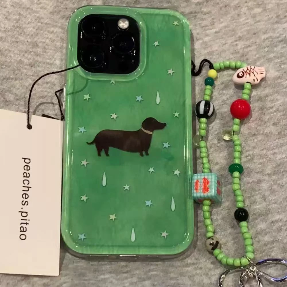 可爱卡通绿色棕腊肠狗双层适用iPhone16promax15手机壳14链条防摔