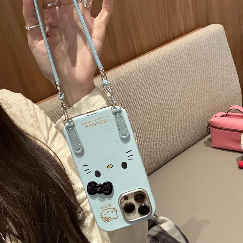 皮纹可爱蝴蝶结猫咪挂绳适用于iPhone16Promax手机壳苹果15/14/13