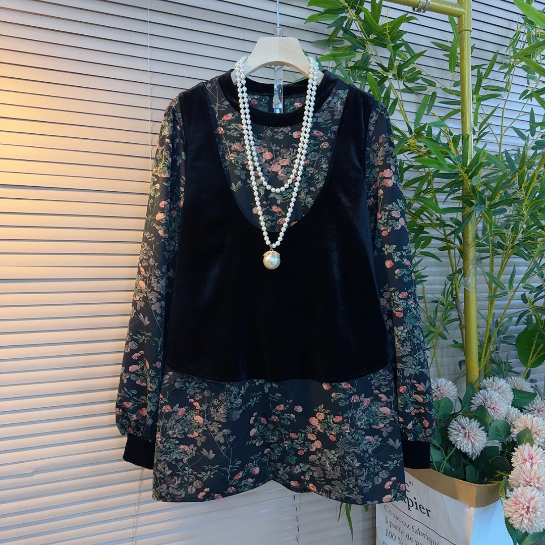 6010欧货胖mm时尚丝绒拼接碎花假两件美背宽松遮肉设计感百搭衫