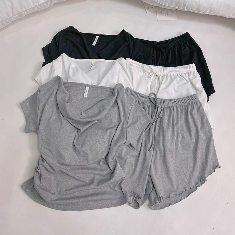 【带胸垫两件套】性感纯欲风夏季薄款短袖短裤居家休闲家居服套装女