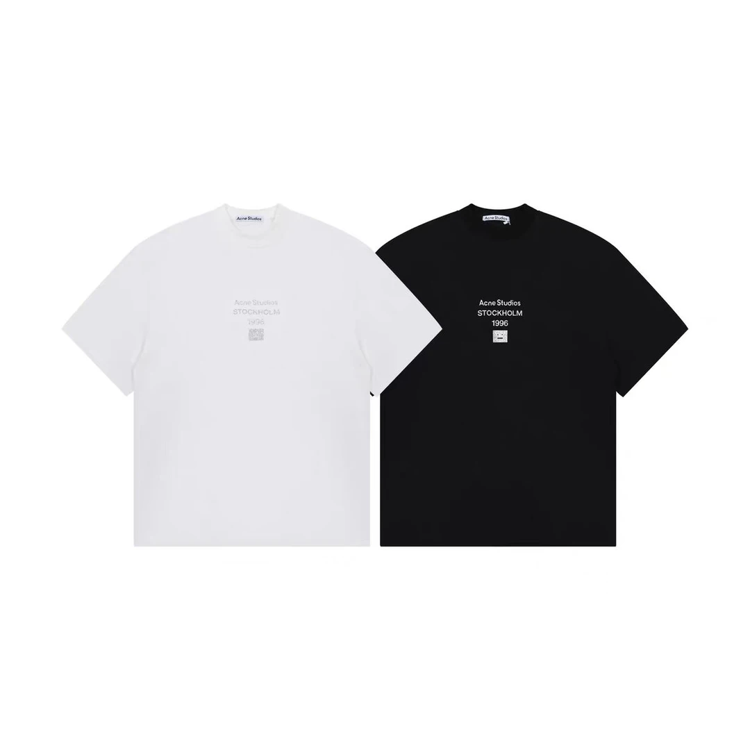 AC风格LOGO字母1996银色笑脸圆领印花休闲男女款纯棉小落肩T恤