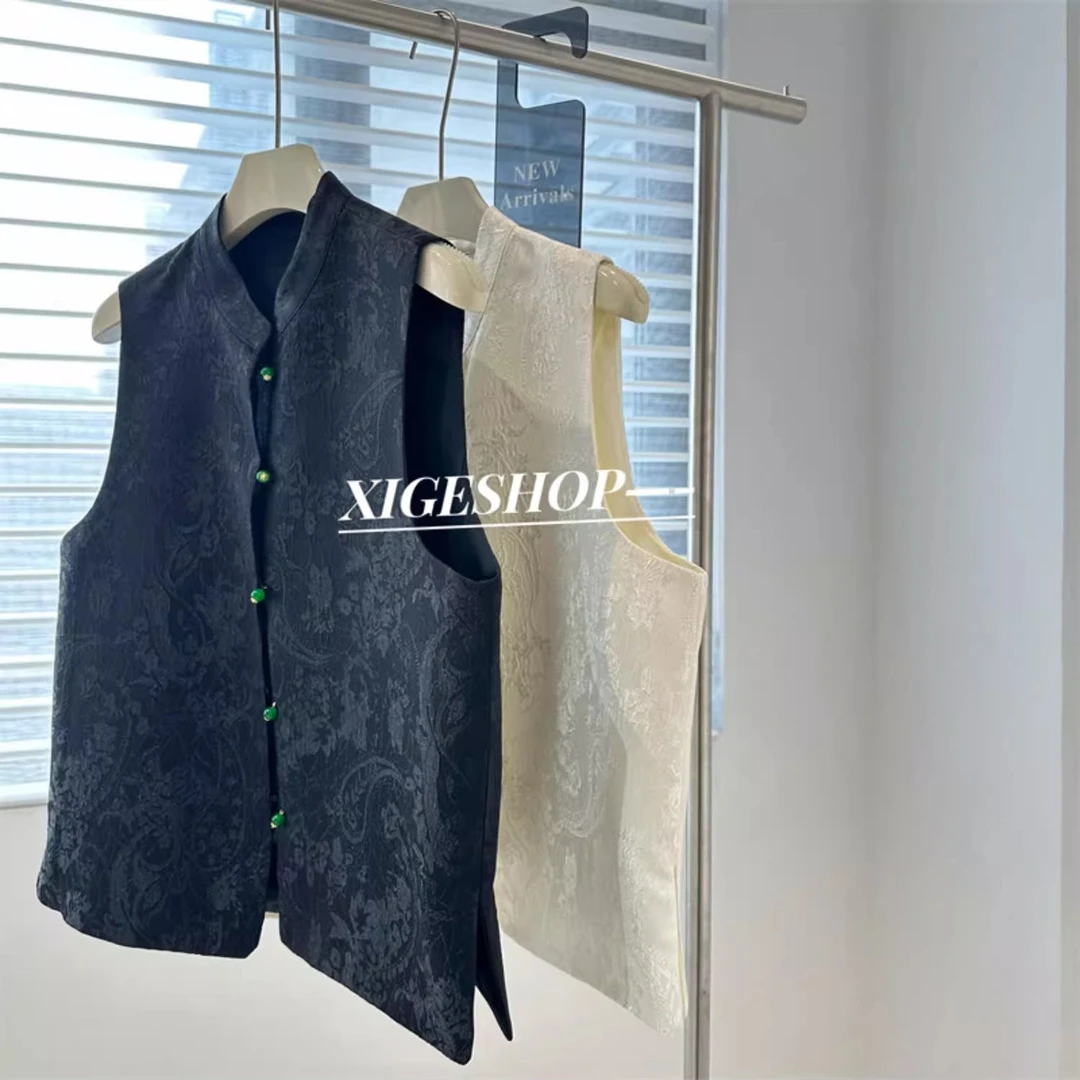 特大码300斤新中式提花立领马甲女夏季胖mm中国风珍珠扣宽松马夹2