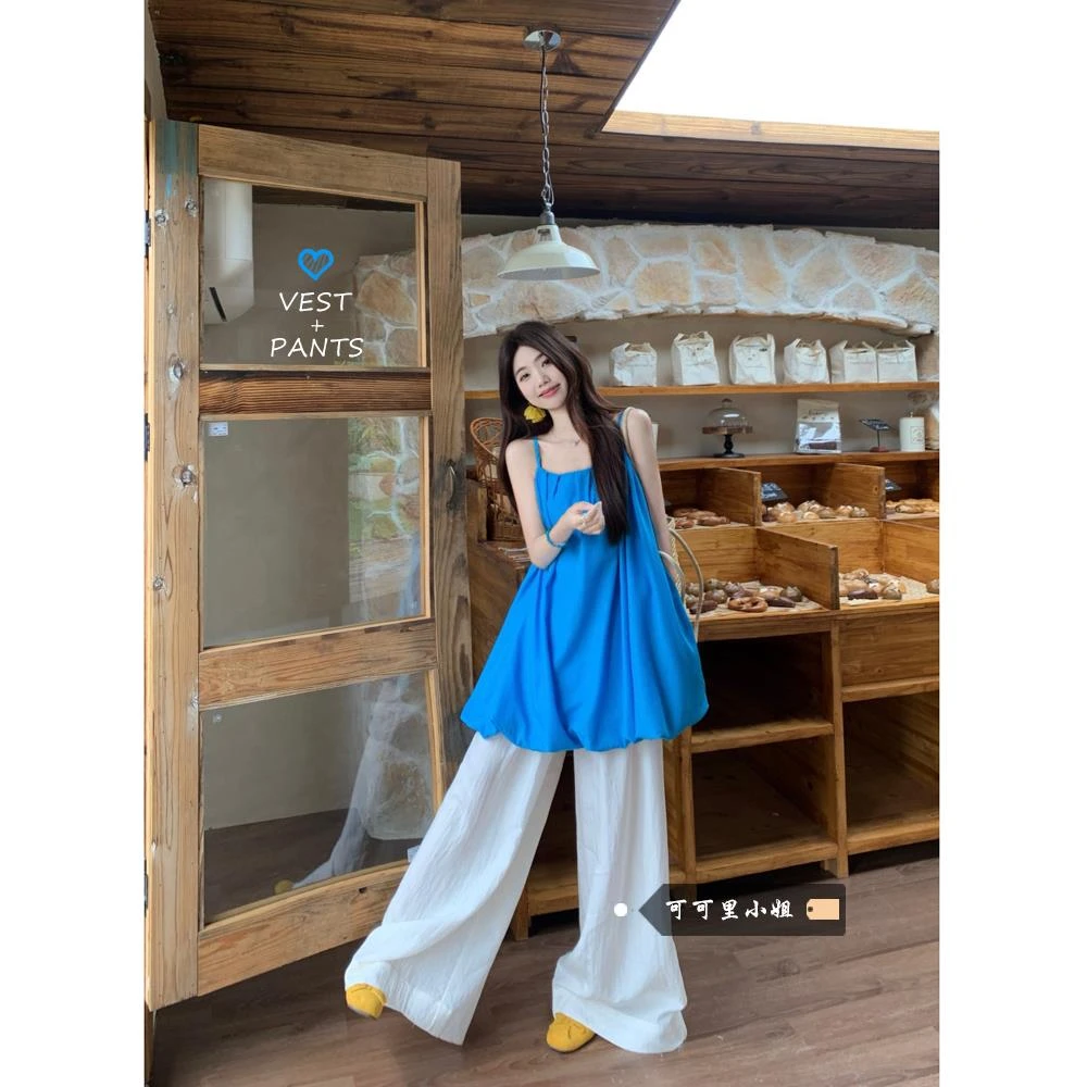 多巴胺压褶吊带女2025夏季新款韩系设计感宽松洋气花苞背心上衣潮