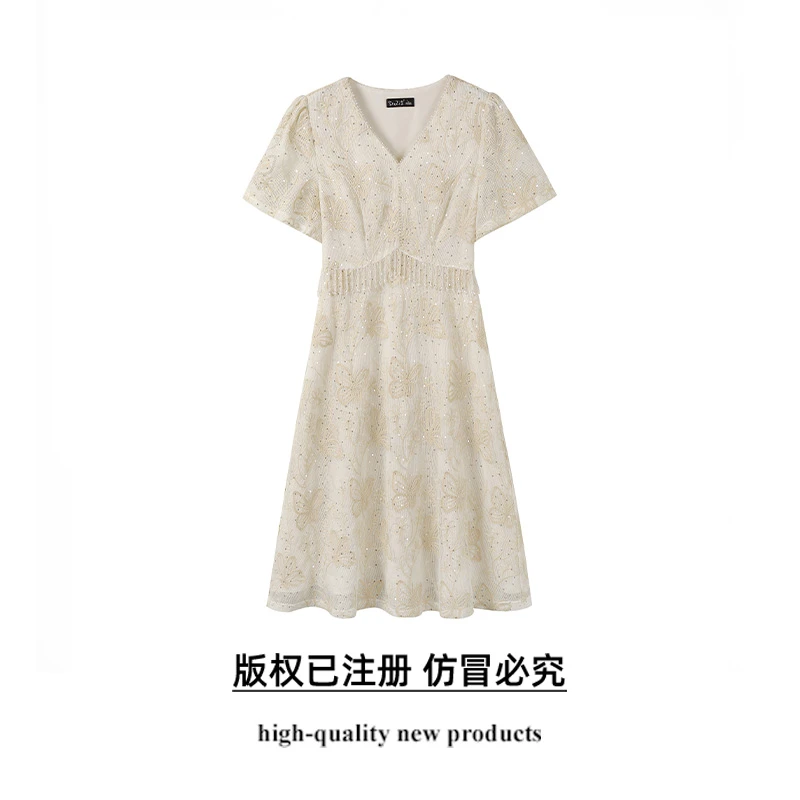 奢姿【柔情似水】大码女2025夏季时尚v领连衣裙胖妹妹气质减龄蕾丝