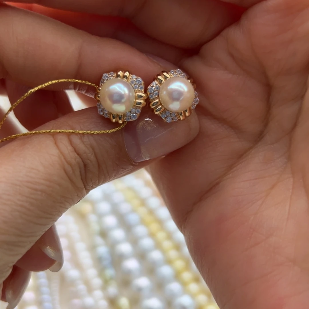 银S925镶嵌耳饰海水珍珠7.5mmAk樱花粉炫彩四方款耳钉