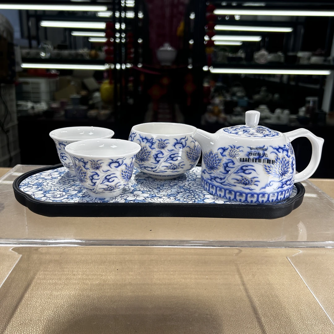 德化云仓 影青青花蓝花缠枝菊井栏壶一壶两杯+主人杯+茶盘-5210