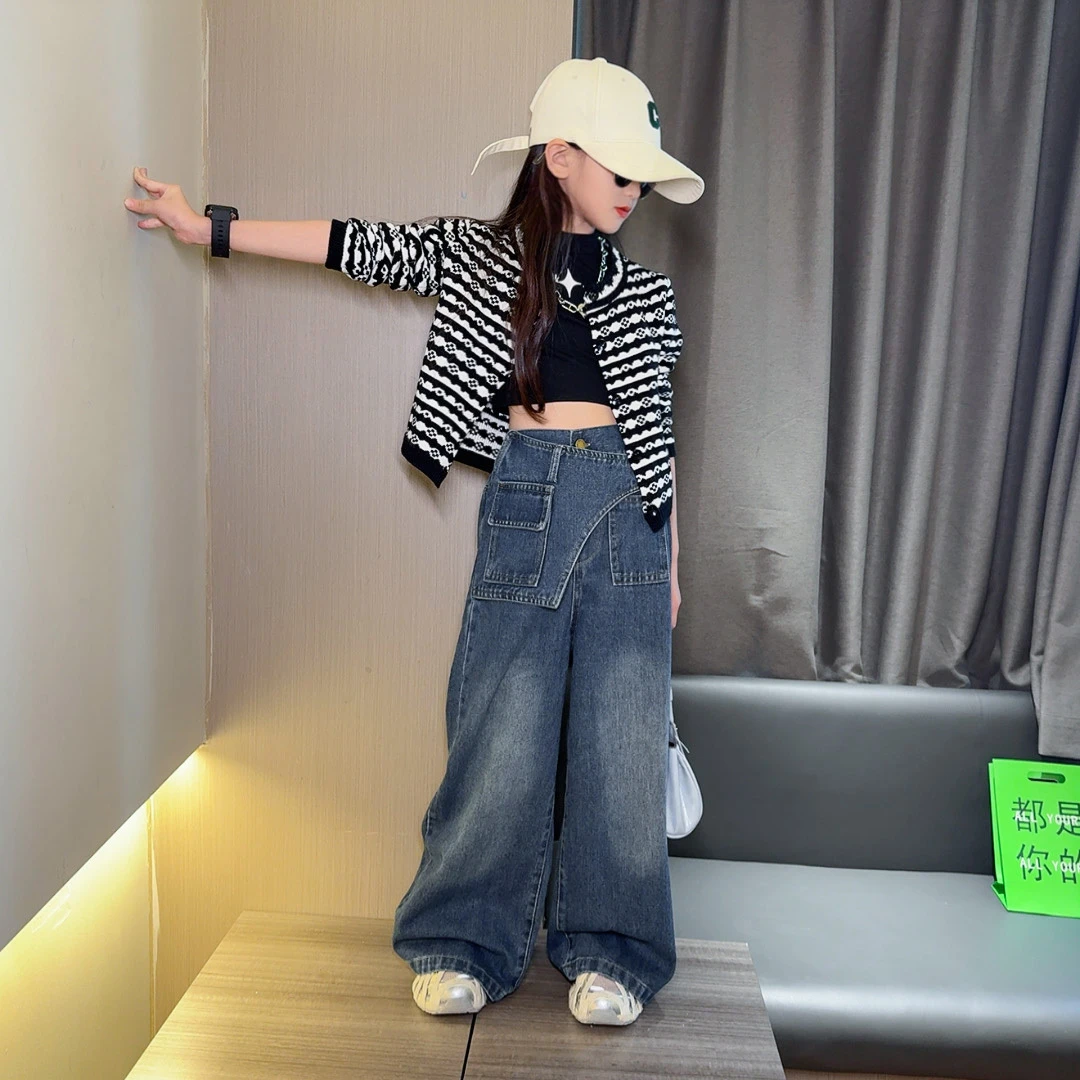 女童牛仔裤套装2025新款女孩儿童洋气甜酷美式毛衣腰封休闲阔腿裤