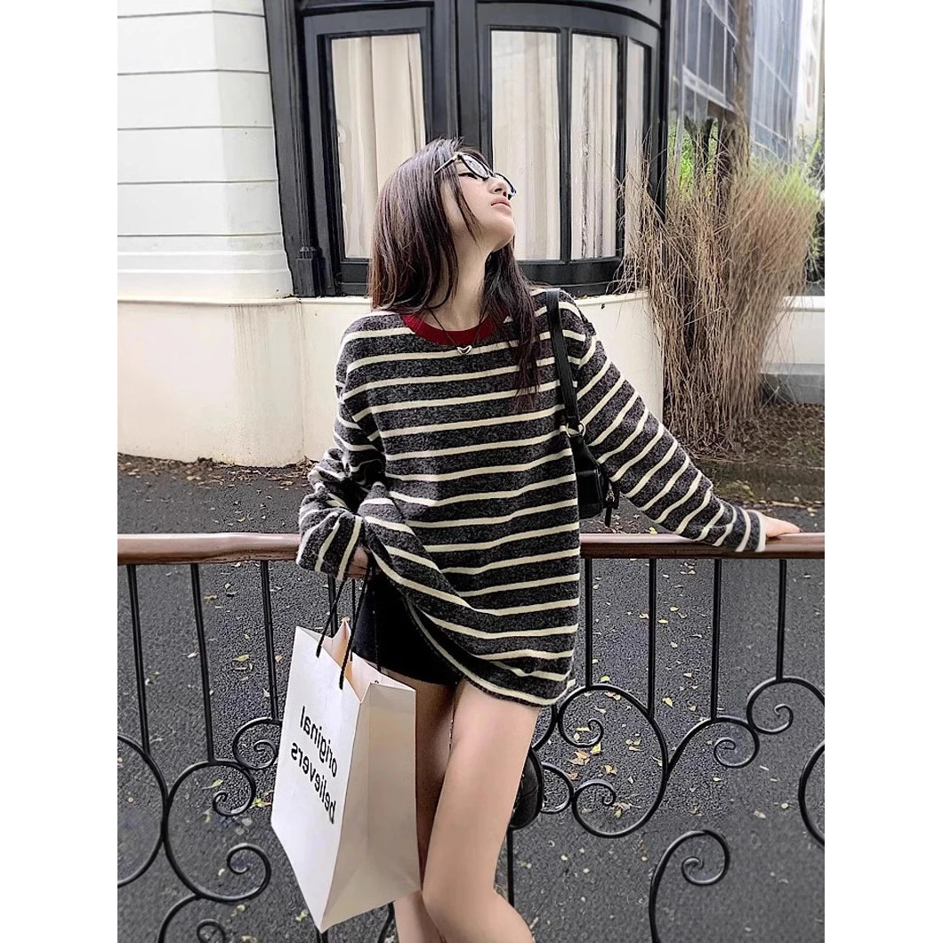 2025新款休闲慵懒风加厚磨毛圆领撞色条纹时尚长袖T恤打底衫上衣