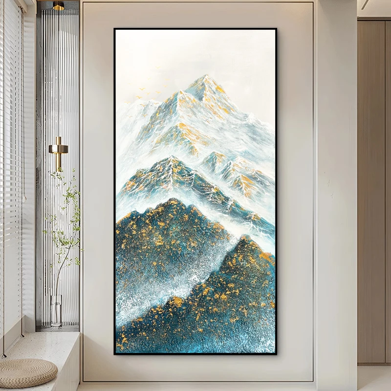 手绘油画客厅玄关装饰画走廊挂画新中式孔雀蓝挂画金山