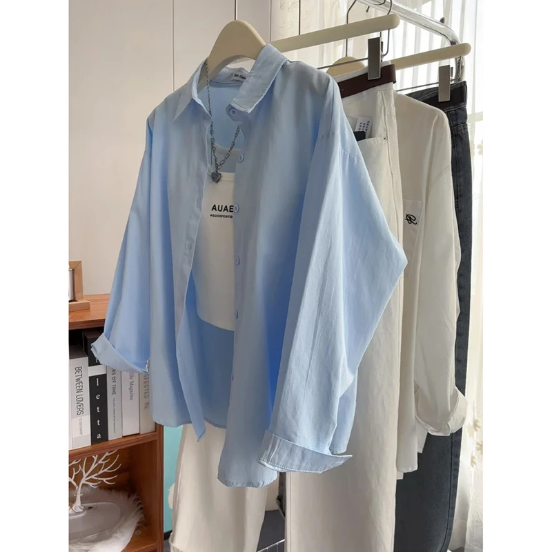 春夏季新款蓝色polo领长袖衬衫女基础款宽松休闲百搭叠穿防晒上衣