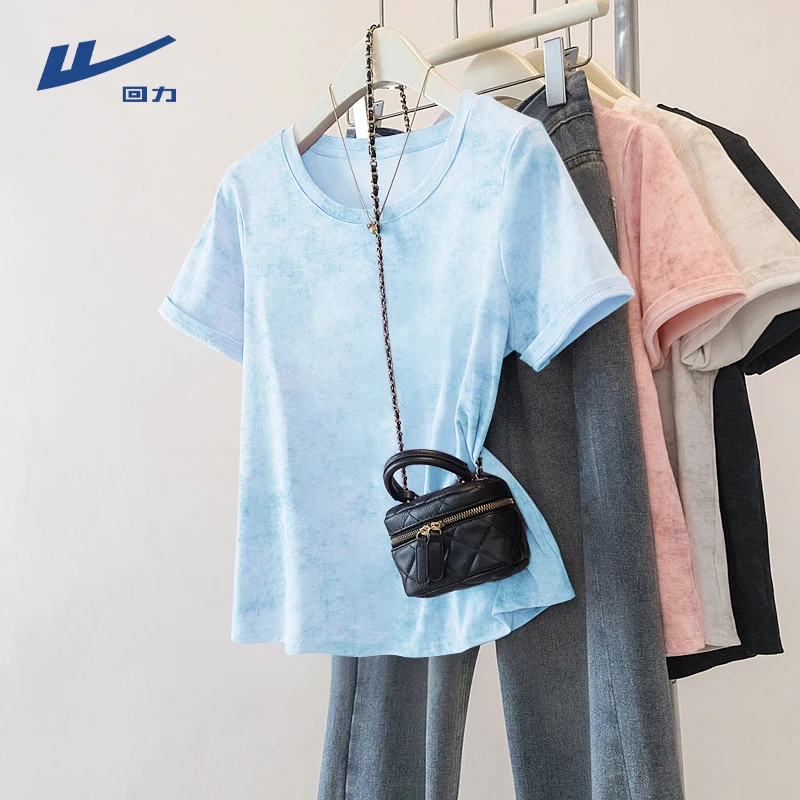 回力蓝色扎染小众短袖2025夏季新款女宽松短袖T恤纯棉圆领体恤