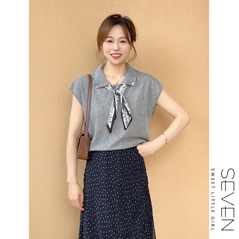 丝巾冰丝衫⑧七七146小个子设计感翻领冰爽针织短袖女款夏季小美说