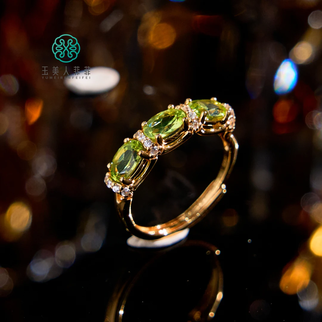 菲菲珠宝好%S925橄榄石三面切割蛋面可调节戒指约4*20mm