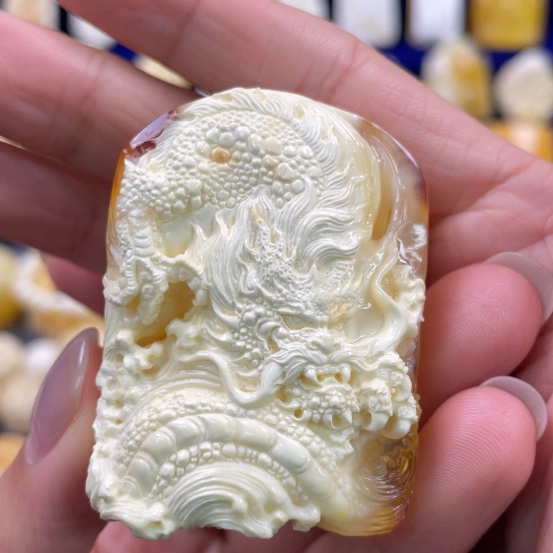 蜜蜡裸石未镶嵌琥珀蜜蜡雕刻龙牌