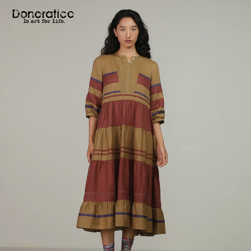 达衣岩奔放飘逸2025夏新品民族感棉麻野性美撞色条纹A摆连衣裙女