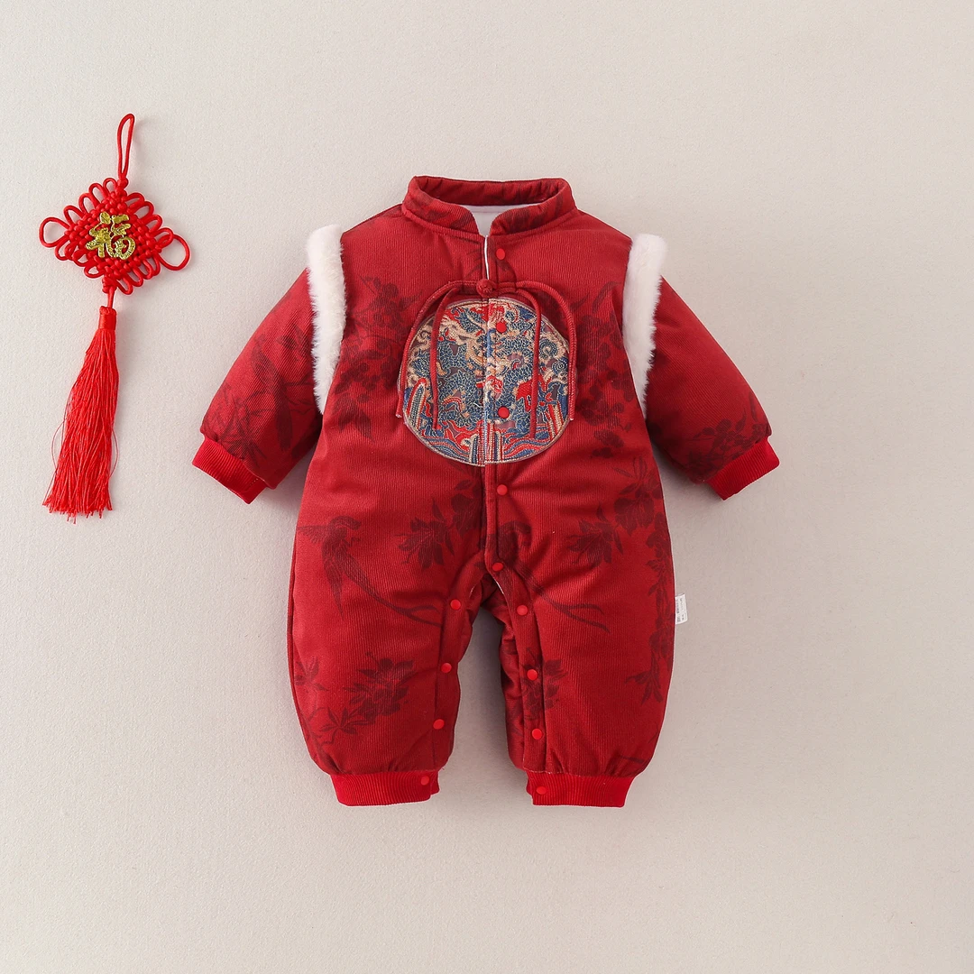 新生婴儿加棉加厚连体衣深秋冬款长袖国风爬服周岁满月衣服