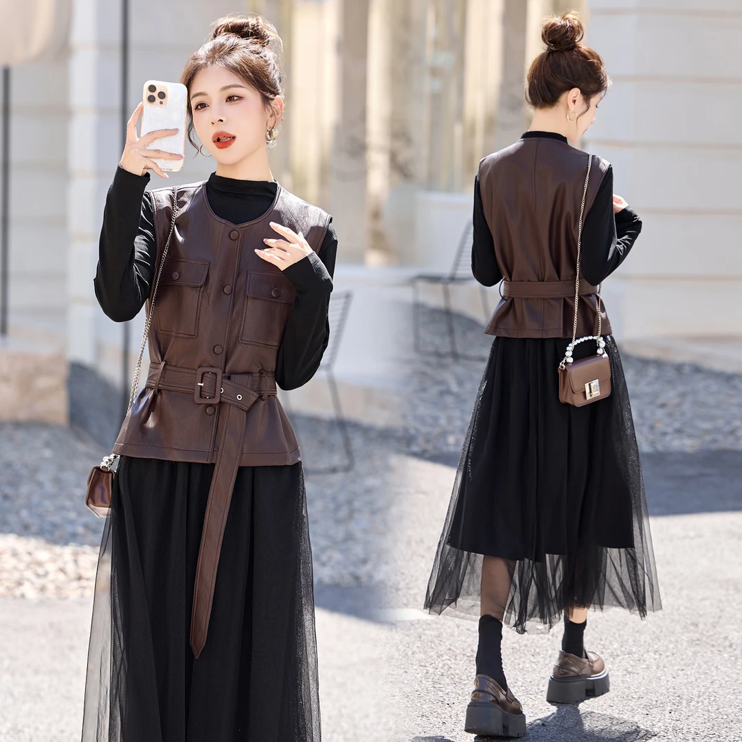 时尚连衣裙女2025秋季新款网纱裙皮衣马甲气质洋气减龄显瘦两件套