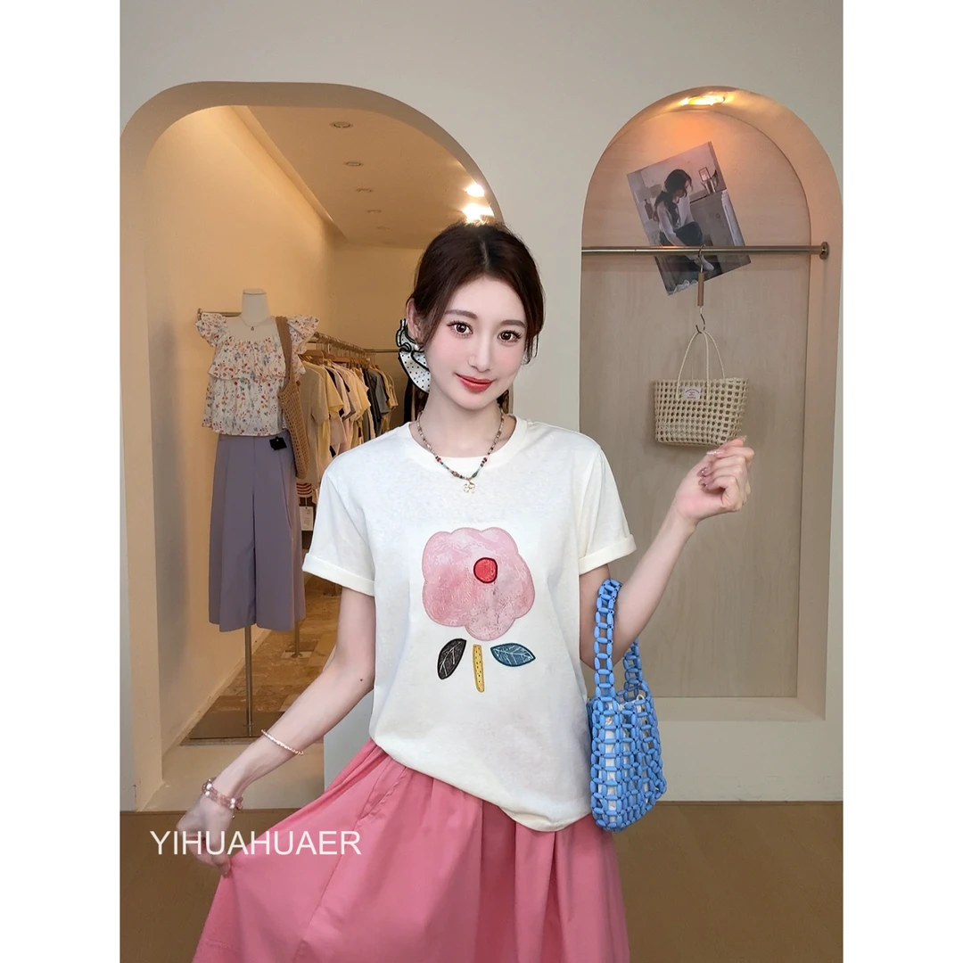 【一朵粉花】东大门韩国原单夏款减龄立体刺绣透气雪花棉T恤3242