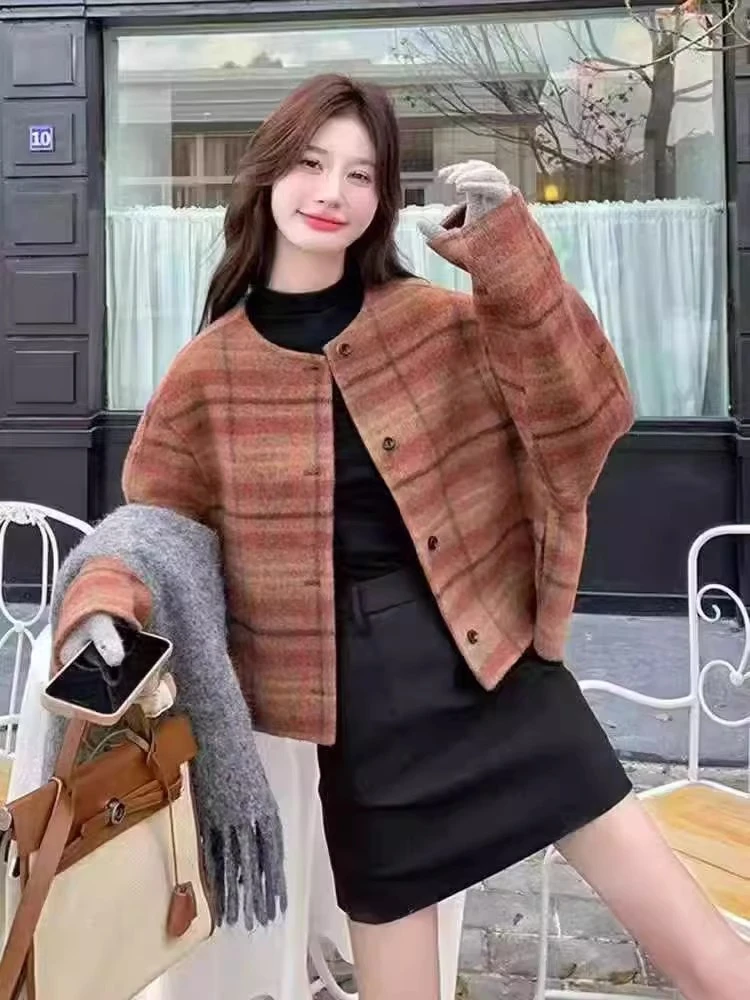 23248复古文艺圆领小香风双面羊绒大衣百搭小个子圆领毛呢外套女