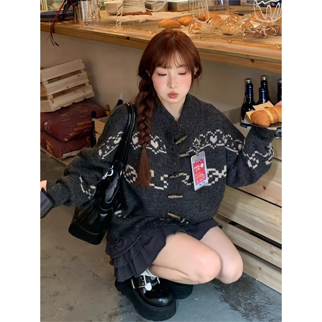 大码胖MM提花费尔岛复古毛衣女秋冬韩版宽松显瘦遮肚针织开衫外套