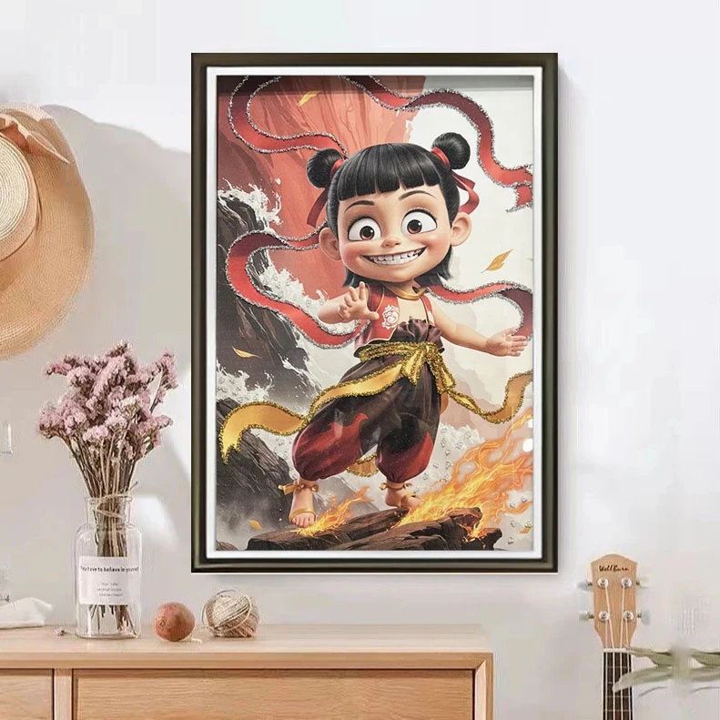 高级感大气哪吒时尚餐厅客厅轻奢挂画钢化玻璃装裱鎏金画装饰画