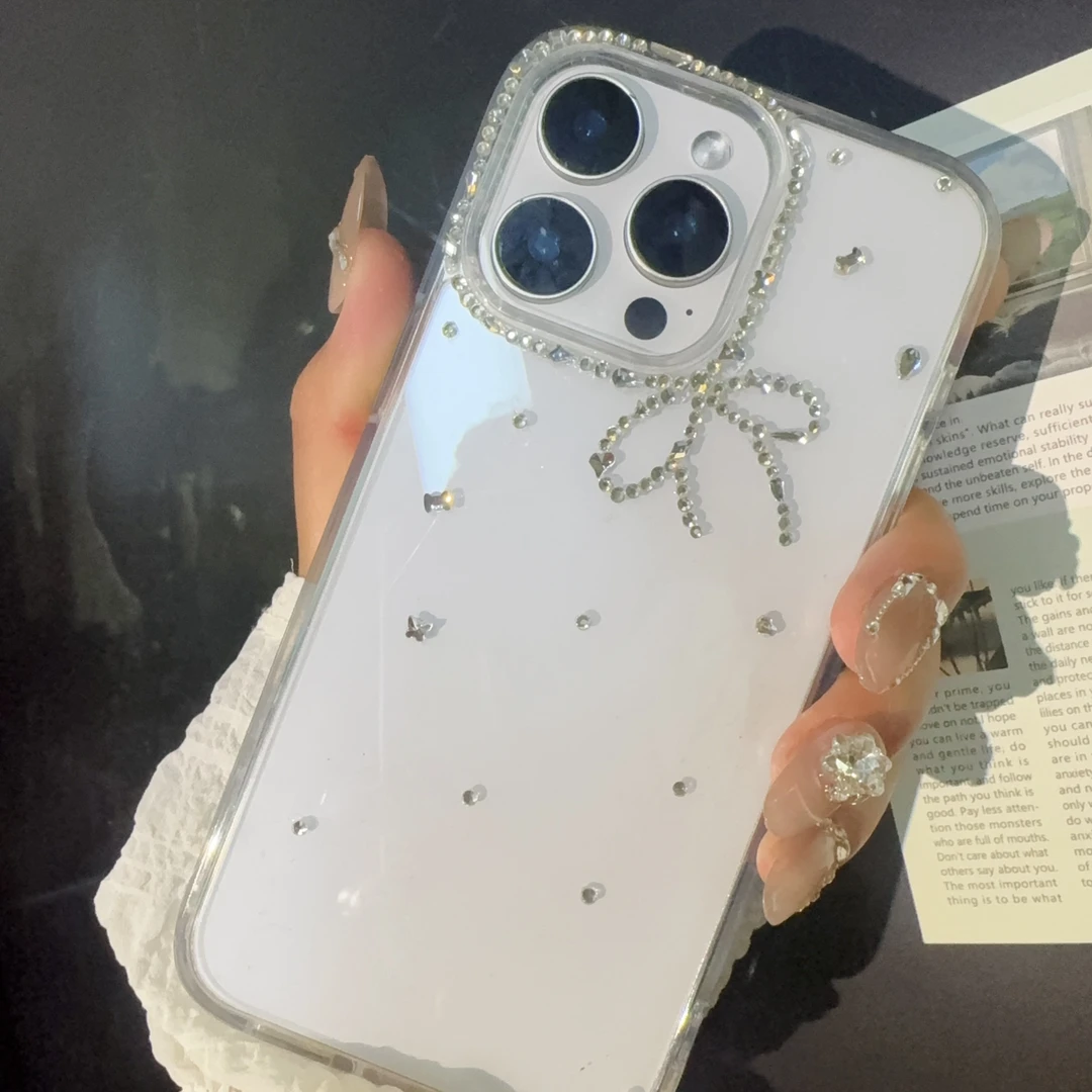 定制ins小清新手画16promax蝴蝶结碎贴钻121314手机壳华为苹果15