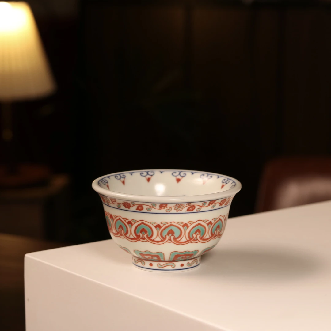 雨溪山房 景德镇红绿彩青花釉里红宝相压手杯茶杯 茶道茶具 100cc