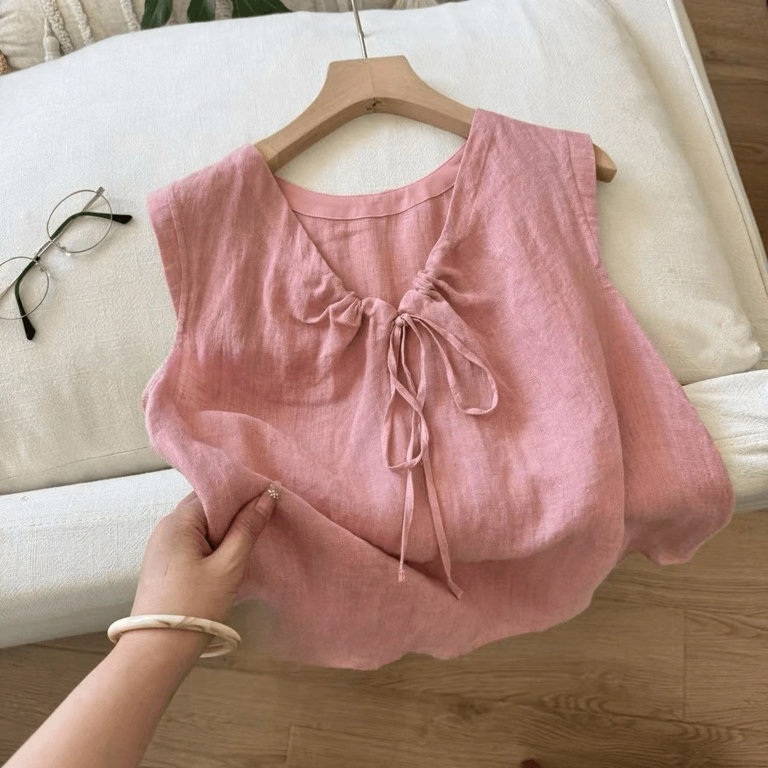 时尚设计感系带无袖圆领通勤背心上衣女夏季2025新款减龄粉色小衫