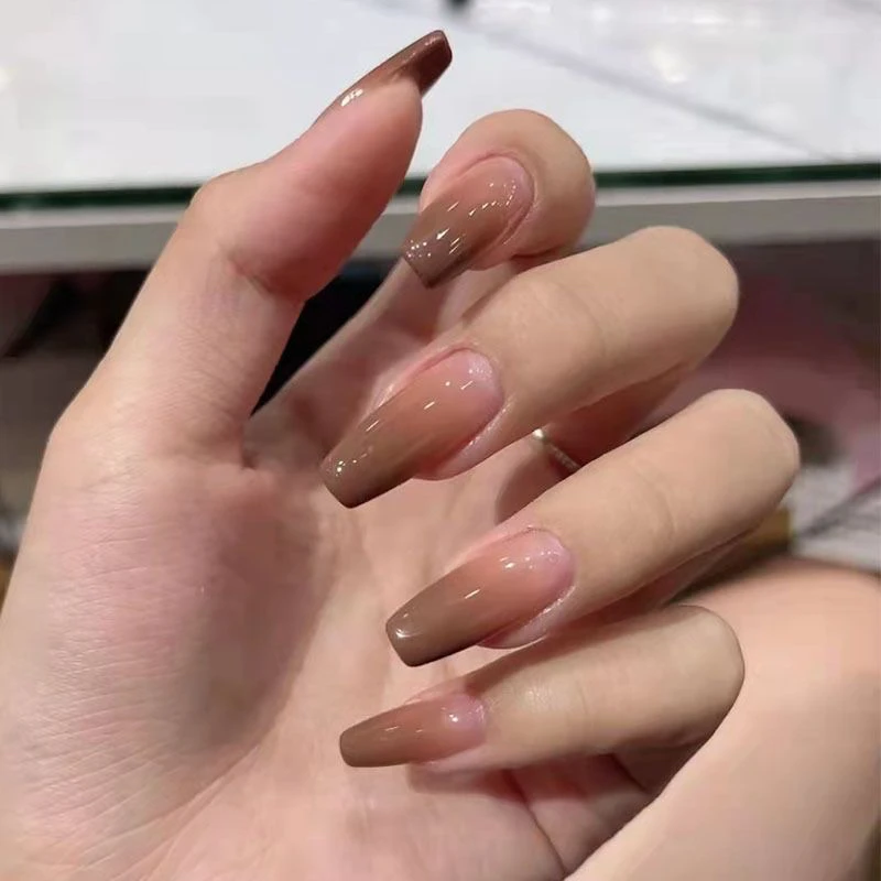 焦糖拿铁棕色渐变长款梯形显白穿戴甲美甲成品可拆卸甲片