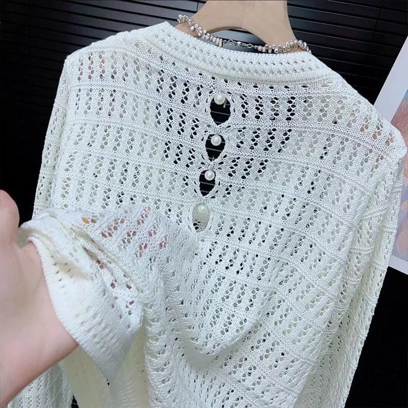 钩花纯色法式慵懒风长袖上衣女春秋新款显瘦针织衫宽松洋气镂空衫