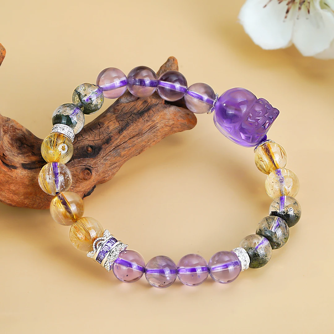 【新品】紫水晶貔貅绿幽灵金发晶手串