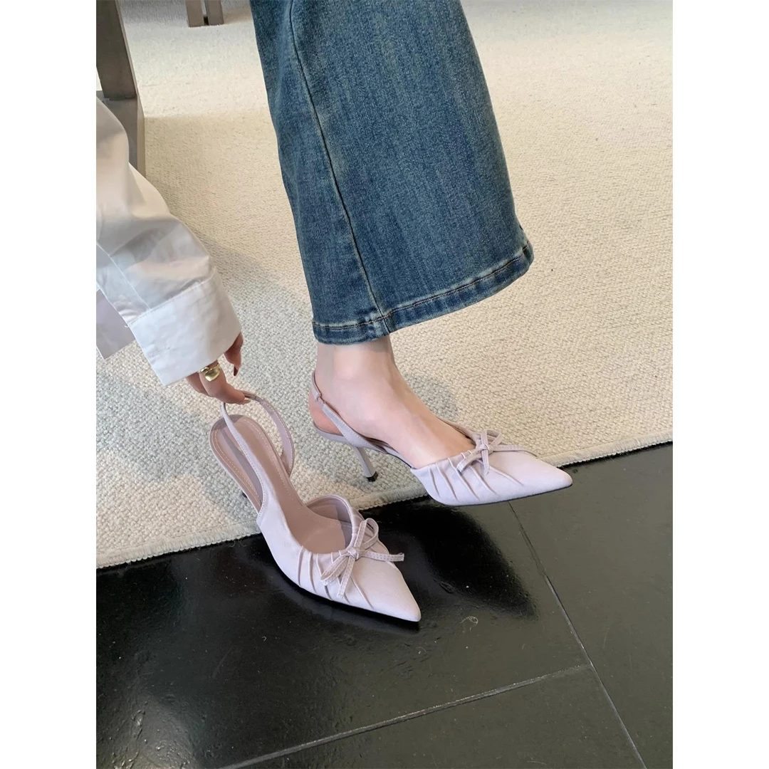 titing紫雾丁香！气质尖头皱褶包头后空凉鞋女春2025温柔高跟单鞋