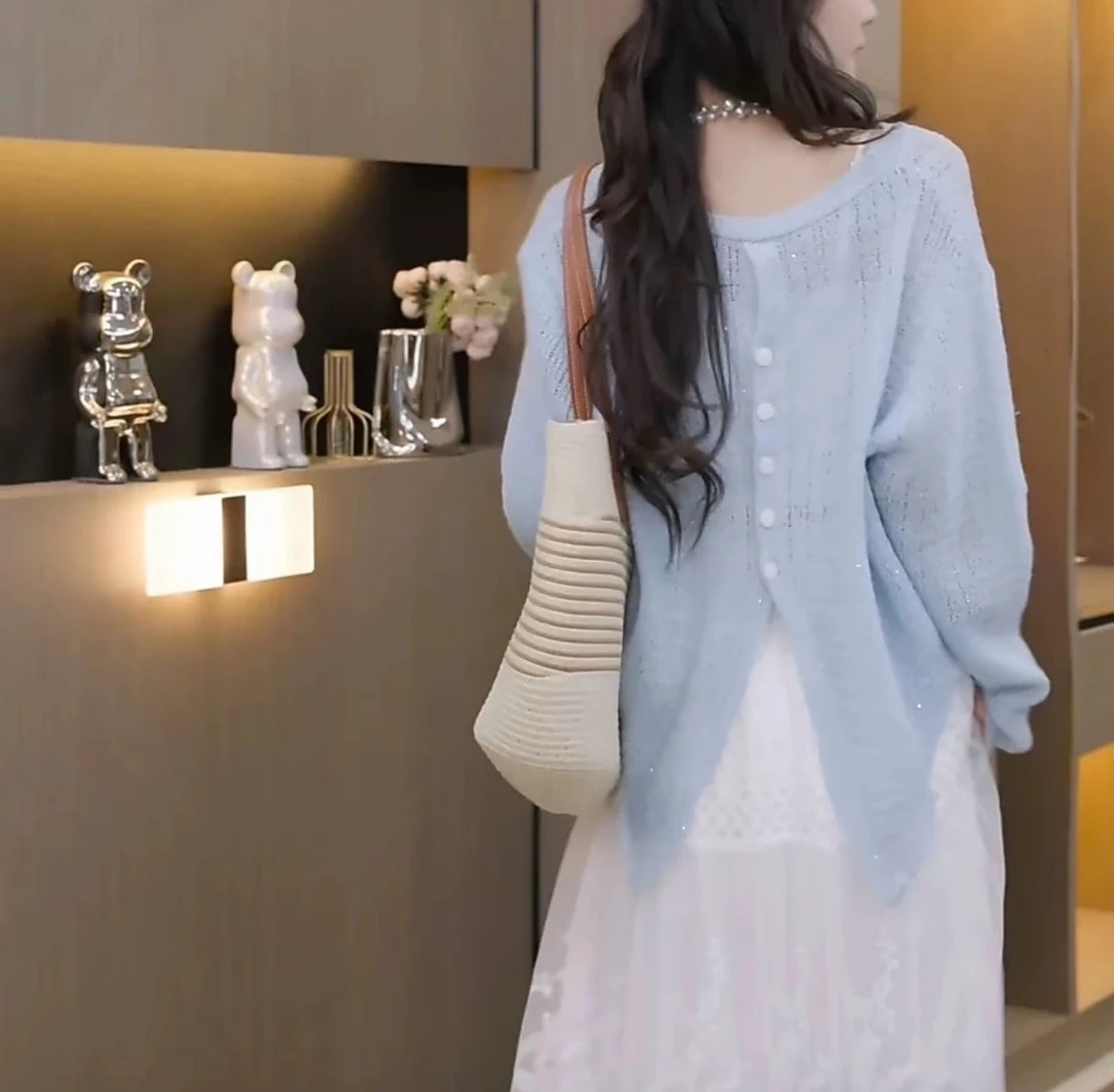 ts3后背纽扣设计感亮丝针织衫女春季超好